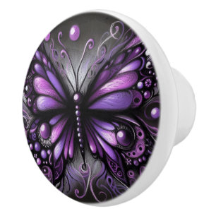 Whimsical Gothic Butterfly Purple Black Colourful Ceramic Knob