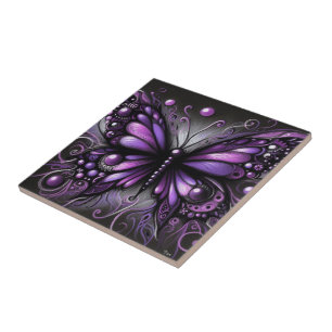 Whimsical Gothic Butterfly Purple Black Colourful Ceramic Tile