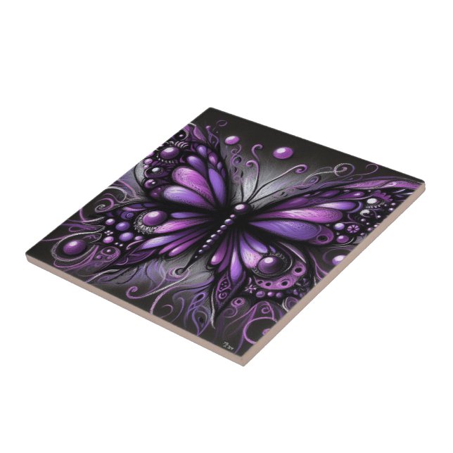 Whimsical Gothic Butterfly Purple Black Colourful Ceramic Tile (Side)