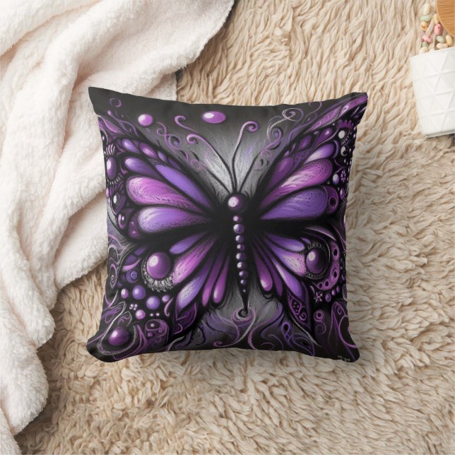 Whimsical Gothic Butterfly Purple Black Colourful Cushion (Blanket)