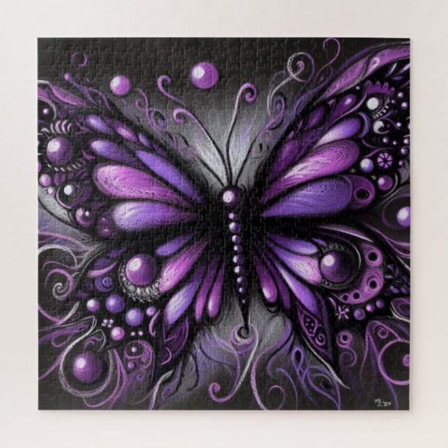Whimsical Gothic Butterfly Purple Black Colourful Jigsaw Puzzle (Vertical)