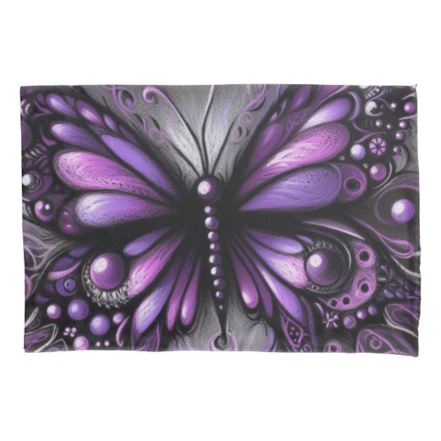 Whimsical Gothic Butterfly Purple Black Colourful Pillowcase (Front)