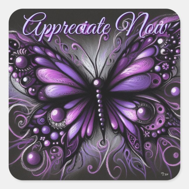 Whimsical Gothic Butterfly Purple Black Colourful Square Sticker (Front)
