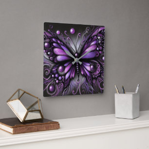 Whimsical Gothic Butterfly Purple Black Colourful Square Wall Clock