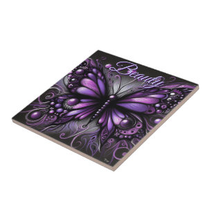 Whimsical Gothic Butterfly Purple Personalised Ceramic Tile