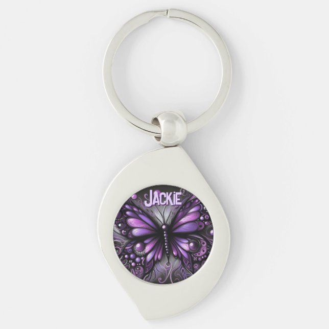Whimsical Gothic Butterfly Purple Personalised Key Ring (Front)
