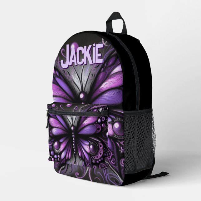 Whimsical Gothic Butterfly Purple Personalised Printed Backpack (Back Corner Right)