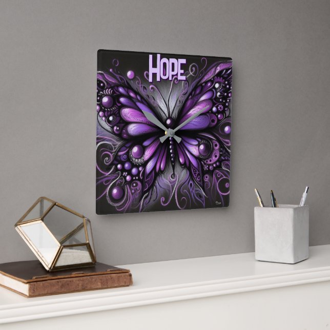 Whimsical Gothic Butterfly Purple Personalised Square Wall Clock (Office)