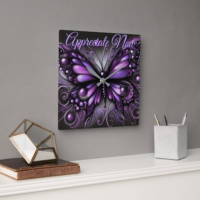 Whimsical Gothic Butterfly Purple Personalised Square Wall Clock (Office)