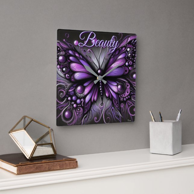 Whimsical Gothic Butterfly Purple Personalised Square Wall Clock (Office)