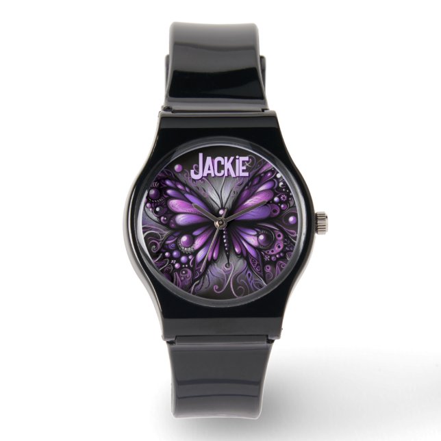 Whimsical Gothic Butterfly Purple Personalised Watch (Front)