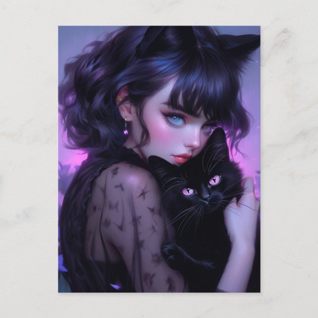 Whimsical Gothic Cat Lady  Postcard (Front)