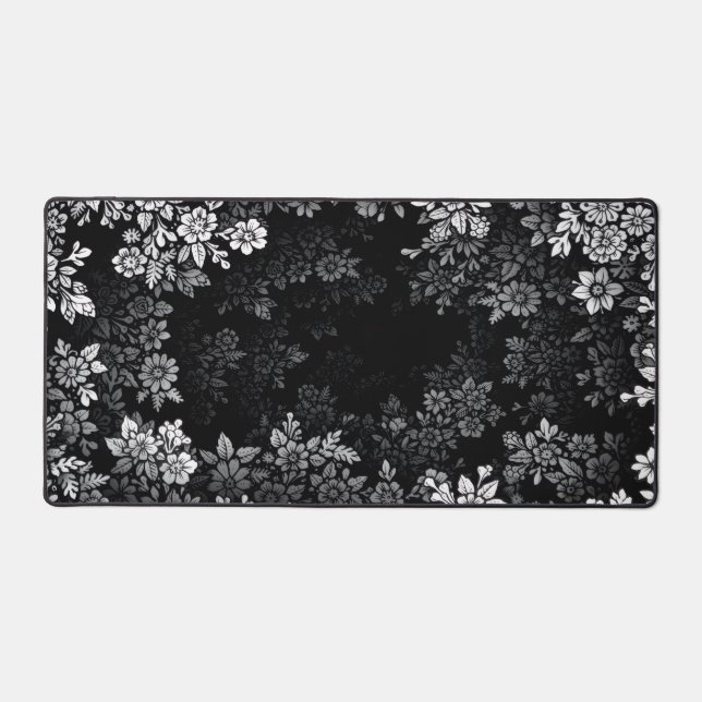 whimsical Gothic Monochrome Hollow Floral Bloom Desk Mat (Front)
