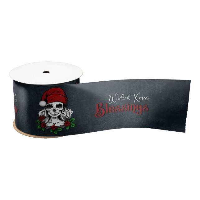 Whimsical Gothic Santa Skull Christmas Satin Ribbon (Spool)