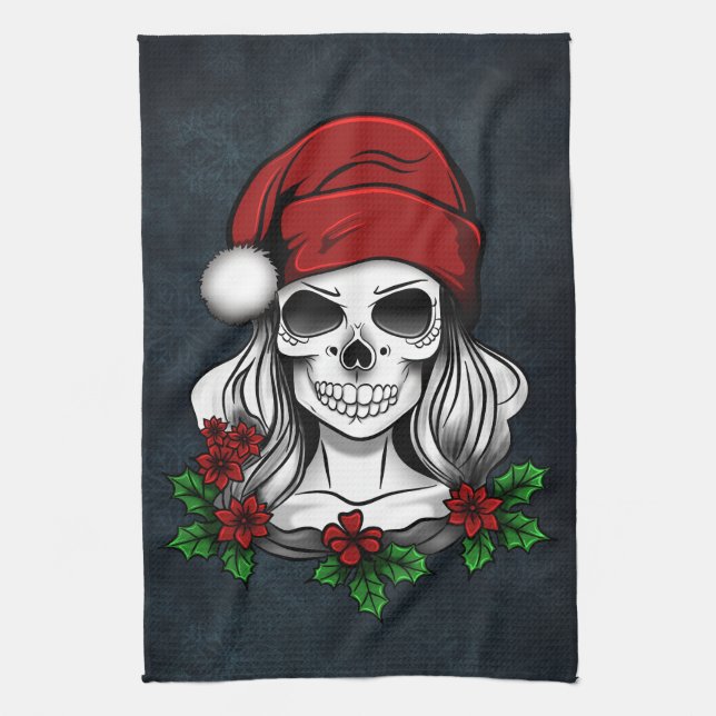 Whimsical Gothic Santa Skull Christmas Tea Towel (Vertical)