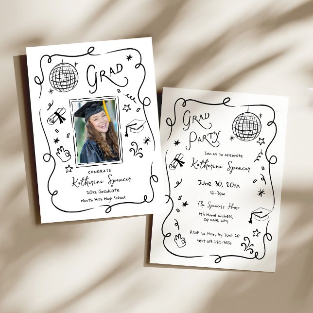 Whimsical Grad Party Photo Doodle Invitation (Whimsical Doodle Hand drawn Grad Party Photo Doodle Invitation)