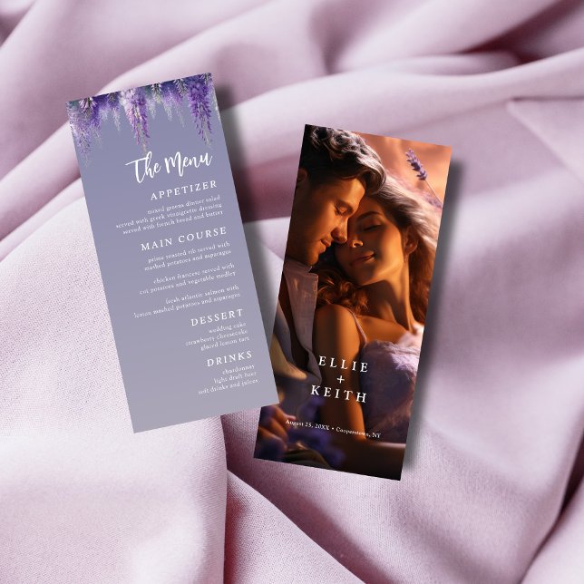 Whimsical Gradient Purple Floral Photo Wedding Menu (Creator Uploaded)