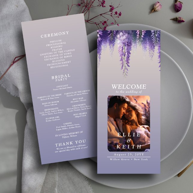 Whimsical Gradient Purple Floral Photo Wedding Program (Creator Uploaded)