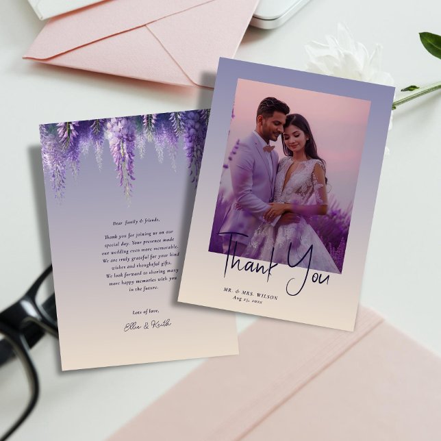 Whimsical Gradient Purple Floral Photo Wedding Thank You Card (Creator Uploaded)