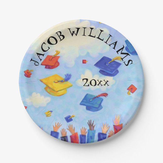 Whimsical Graduation Cap Toss Personalized Paper Plate (Front)