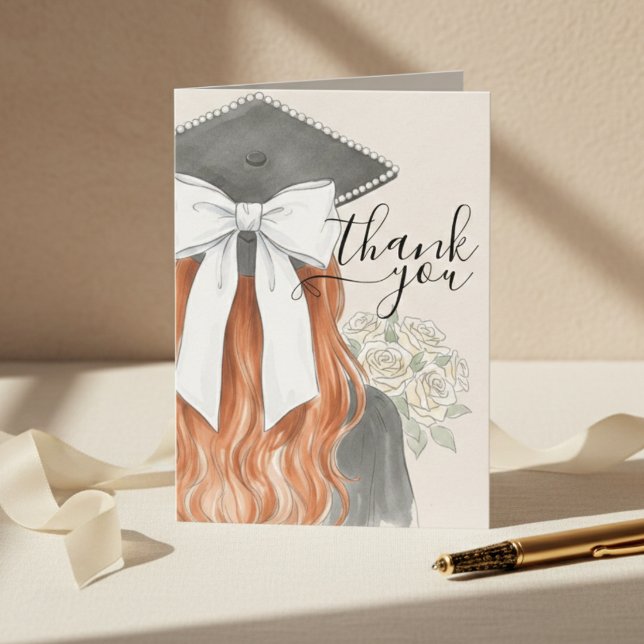 Whimsical Graduation Cap with Bow & Pearls Script Thank You Card (Whimsical Graduation Cap with Bow & Pearls Script Thank You Card)
