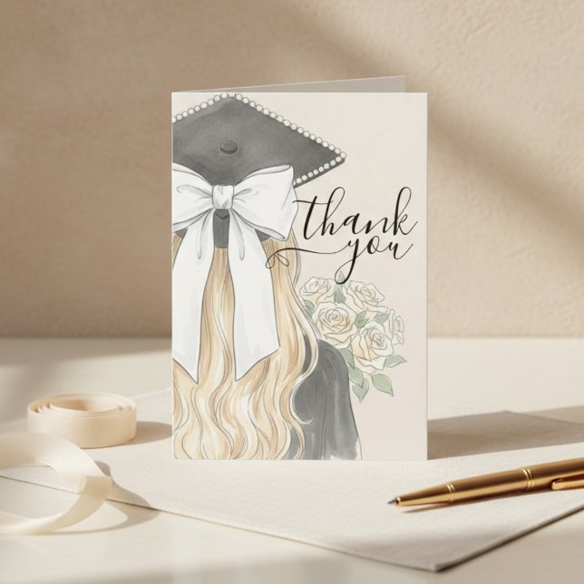 Whimsical Graduation Cap with Bow & Pearls Script Thank You Card (Whimsical Graduation Cap with Bow & Pearls Script Thank You Card)