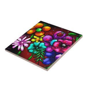 Whimsical Graffiti-Style Floral Flowers Ladybug Ceramic Tile