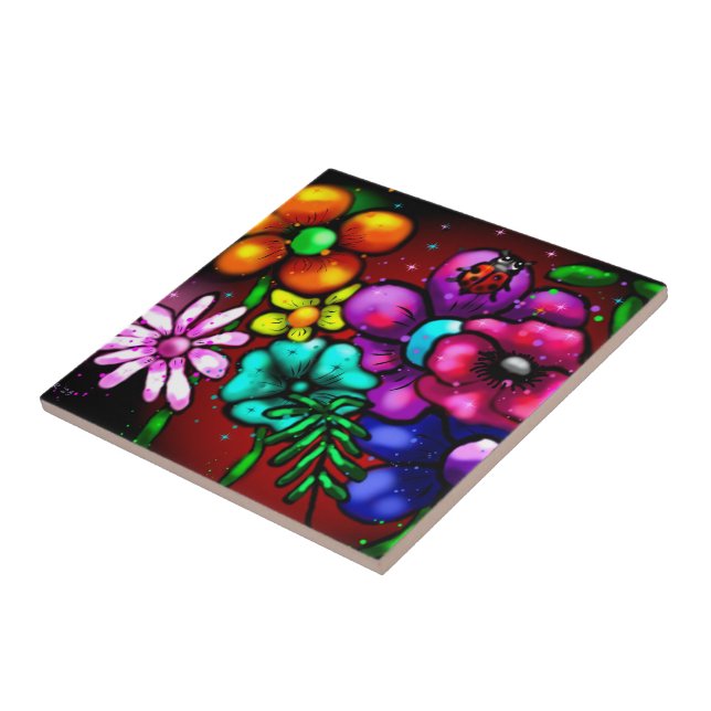 Whimsical Graffiti-Style Floral Flowers Ladybug Ceramic Tile (Side)