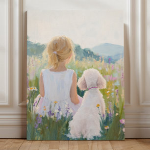 Whimsical Grand Millennial Girl and Dog Art Canvas Print