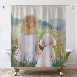 Whimsical Grand Millennial Girl and Dog Art Shower Curtain