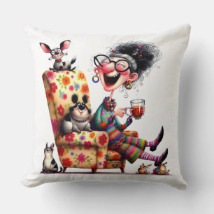 Whimsical Grandma Pillow Colourful Funny Art Pets