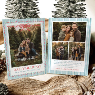 Whimsical Grandmillenial Blue Bow Family Photo Holiday Card