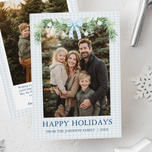 Whimsical Grandmillenial Blue Bow Family Photo Holiday Card