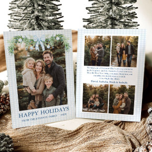 Whimsical Grandmillenial Blue Bow Family Photo Holiday Card