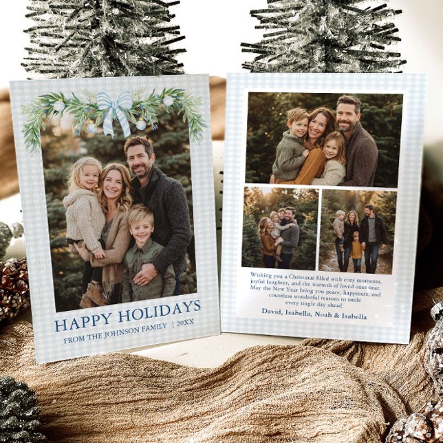 Whimsical Grandmillenial Blue Bow Family Photo Holiday Card (Whimsical Grandmillenial Blue Bow Family Photo Holiday Card)
