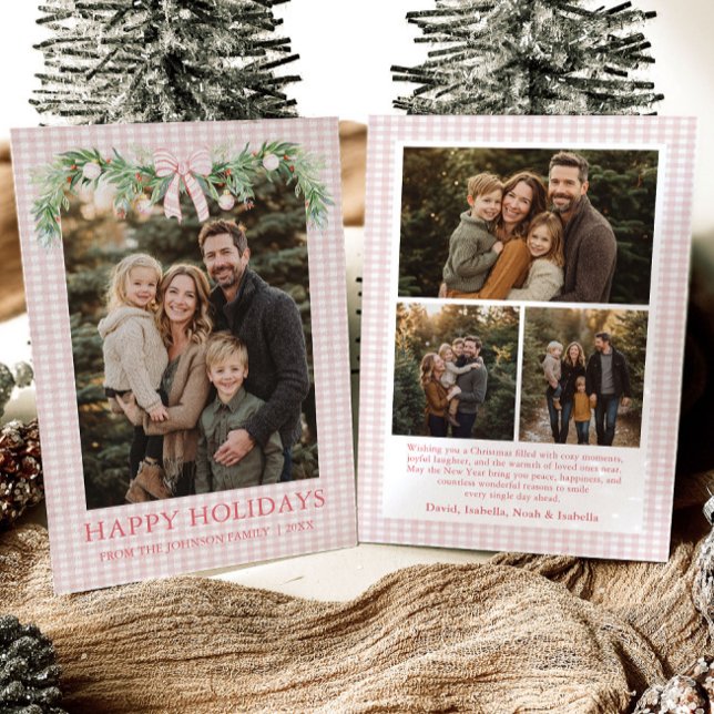 Whimsical Grandmillenial Blue Bow Family Photo Holiday Card (Whimsical Grandmillenial Pink Bow Family Photo Holiday Card)