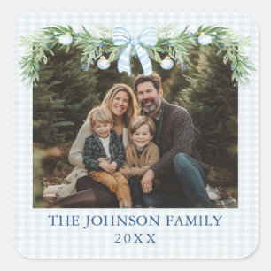 Whimsical Grandmillenial Blue Bow Family Photo Square Sticker
