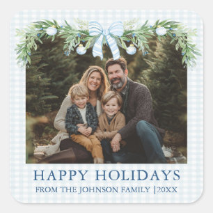 Whimsical Grandmillenial Blue Bow Family Photo Square Sticker