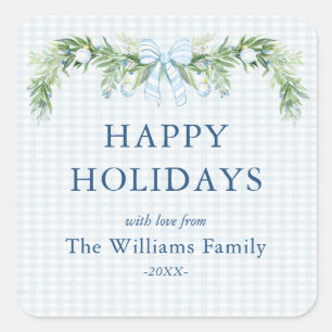 Whimsical Grandmillenial Gingham Blue Bow Garland Square Sticker