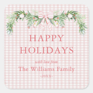 Whimsical Grandmillenial Gingham Pink Bow Garland Square Sticker