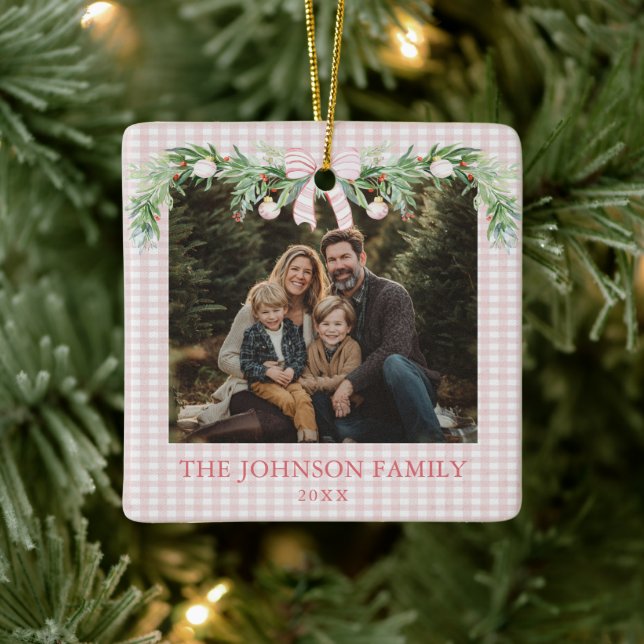 Whimsical Grandmillenial Pink Bow Family Photo Ceramic Ornament (Tree)