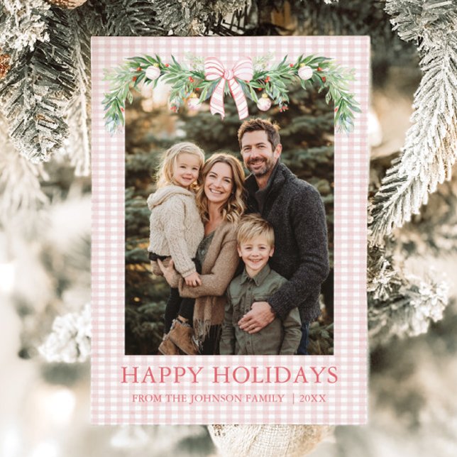 Whimsical Grandmillenial Pink Bow Family Photo Holiday Card (Whimsical Grandmillenial Pink Bow Family Photo Holiday Card)