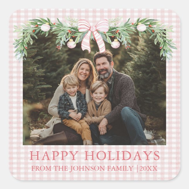 Whimsical Grandmillenial Pink Bow Family Photo Square Sticker (Front)