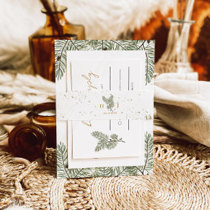 Whimsical Green and Gold Pine Cone Wedding Invitation Belly Band