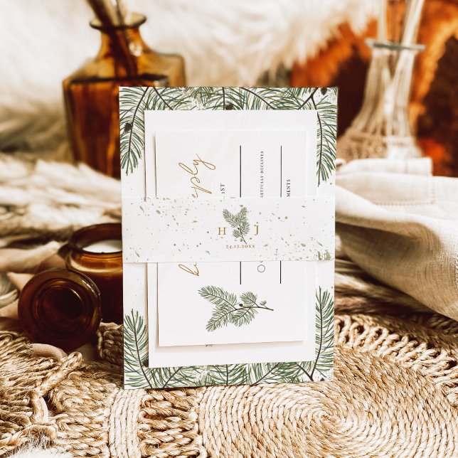 Whimsical Green and Gold Pine Cone Wedding Invitation Belly Band (Creator Uploaded)