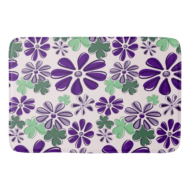 Whimsical Green and Purple Clover & Flower Doodle Bath Mat (Front)