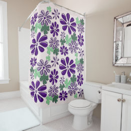 Whimsical Green and Purple Clover & Flower Doodle Shower Curtain