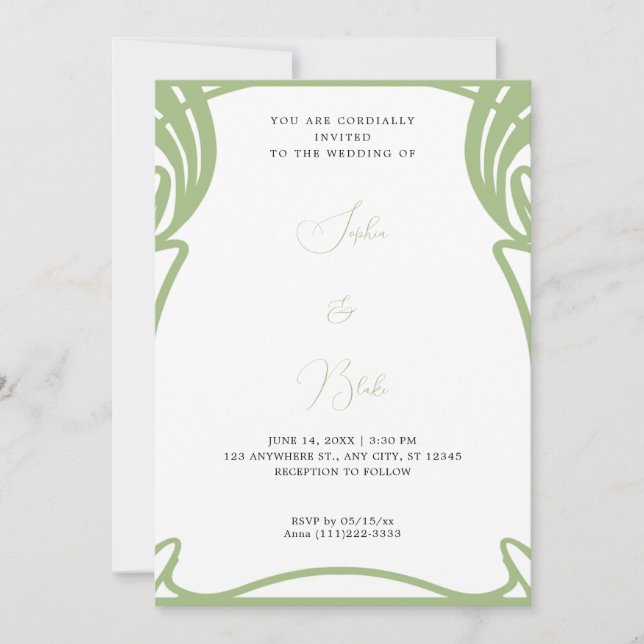Whimsical Green and White Art Deco Wedding Invitation (Front)