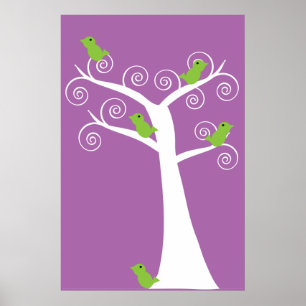 Whimsical Green Birds White Tree Wall Art