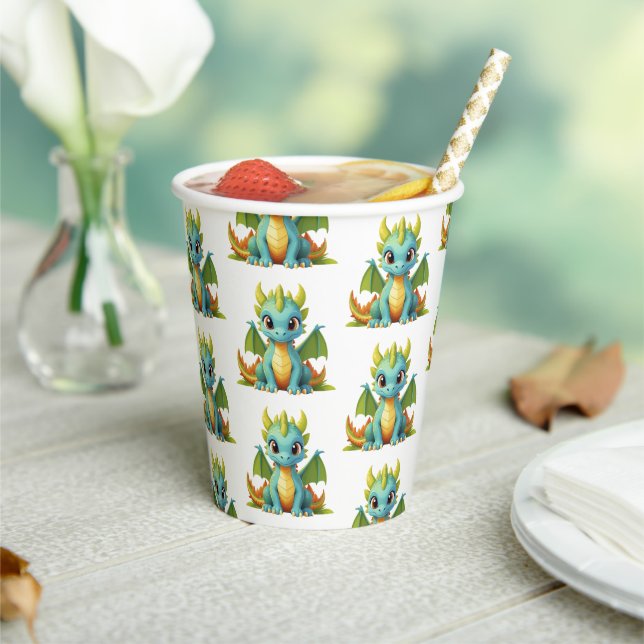 Whimsical Green Blue Baby Dragon Fantasy Party Paper Cups (Insitu)